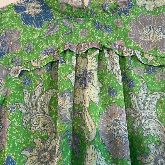 Joie Green Pleat Femme Floral Blouse Cap Sleeves Ruffle Crew Neck size XL - Picture 2 of 13